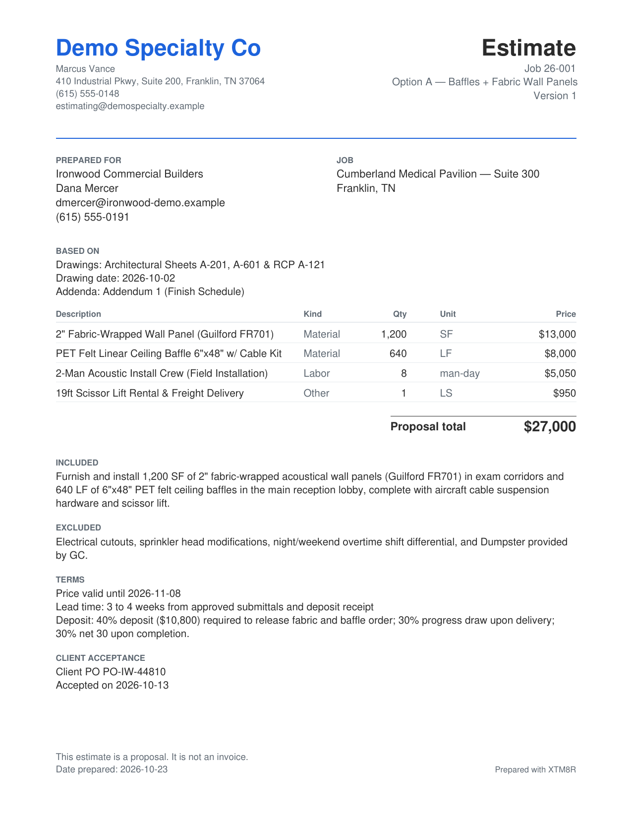 Branded client proposal PDF generated by XTM8R for Demo Specialty Co Job 26-001